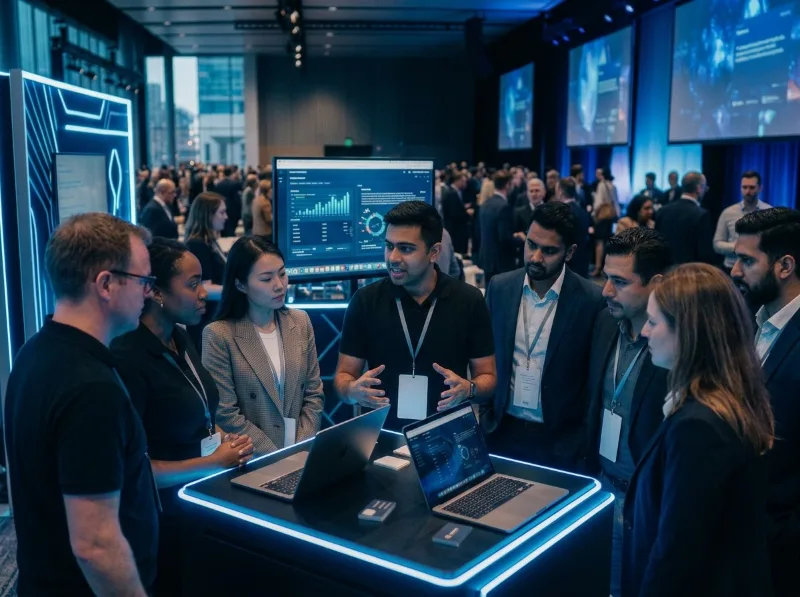 People reviewing a dashboard on laptops at an event stand