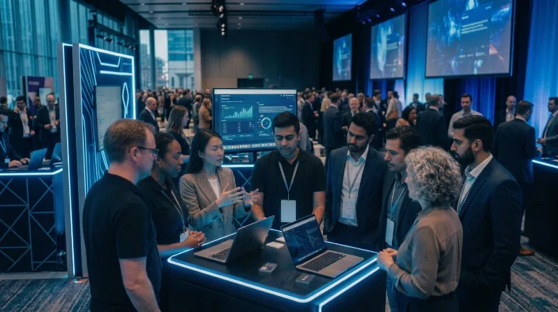 Visitors listening at a technology demo table