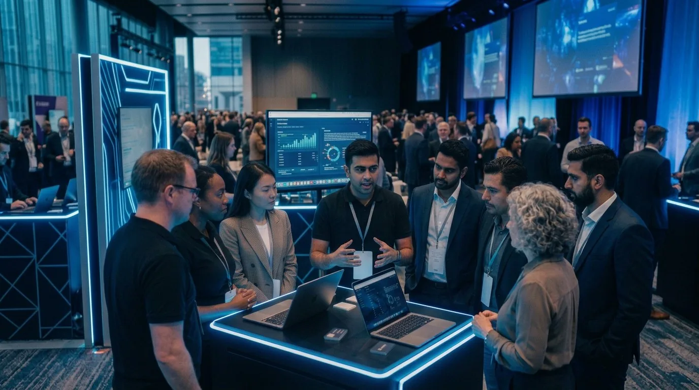 Group discussing results on laptops at a lit demo table