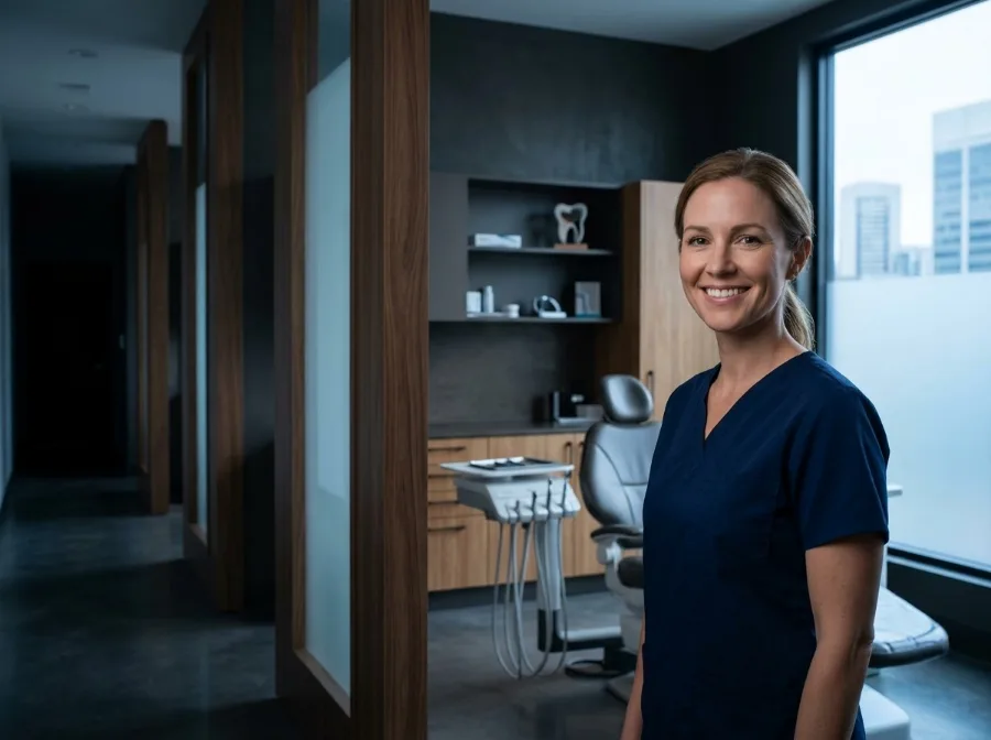 Dentist smiling in a modern dental office