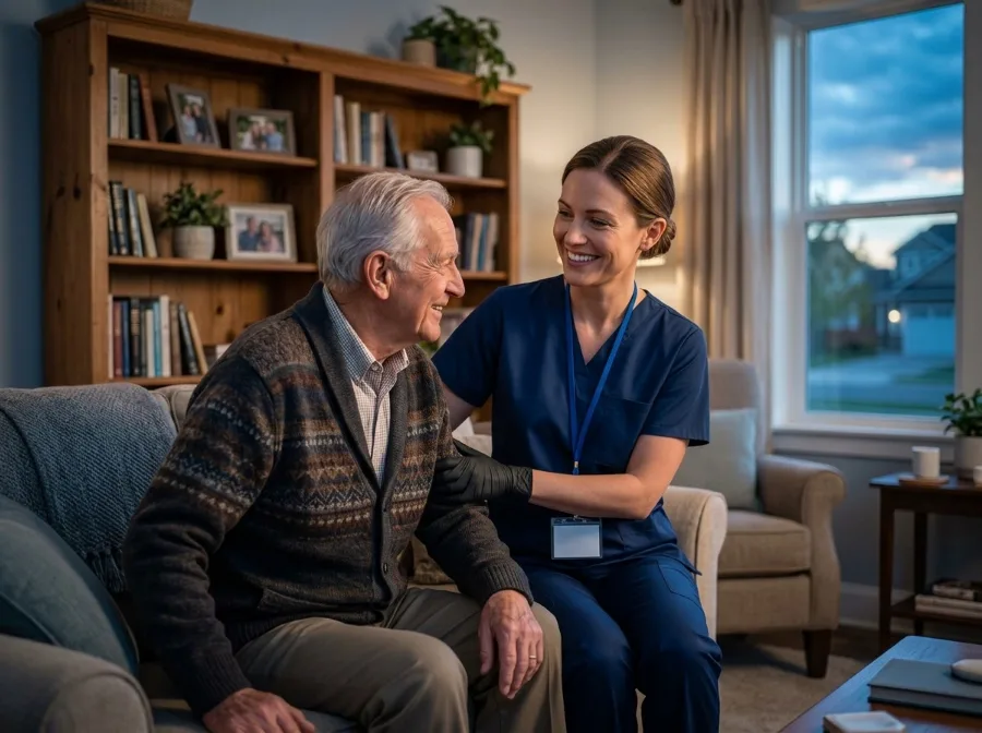 Home health caregiver with an older man in his living room