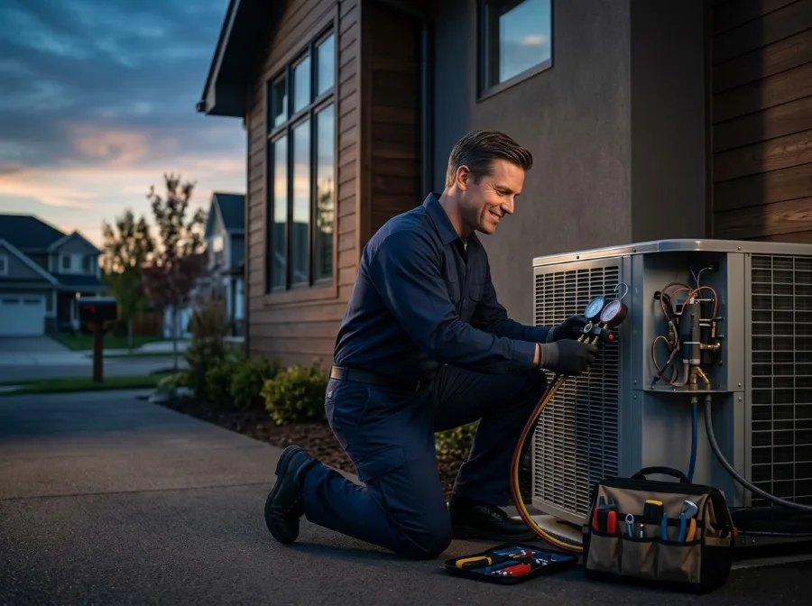 HVAC technician servicing an outdoor air conditioning unit
