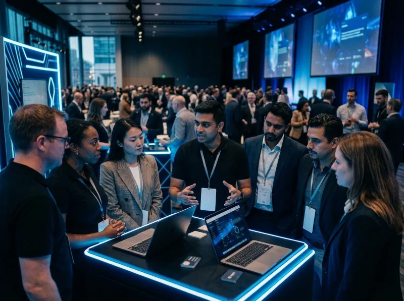 Group gathered around laptops at an event stand