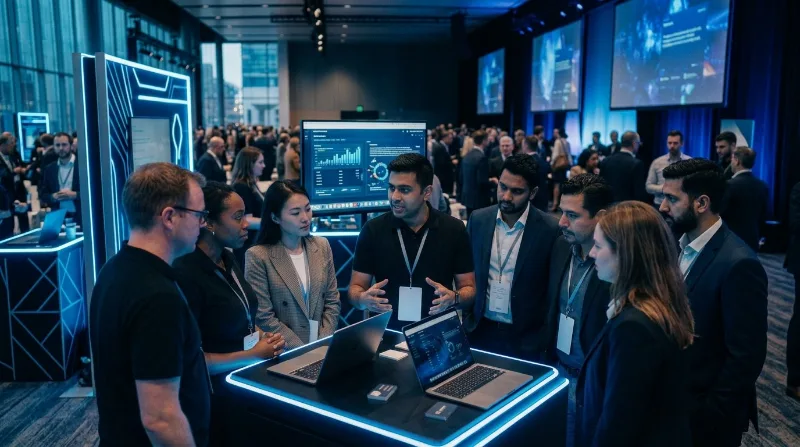 Attendees around a glowing demo table at a business event