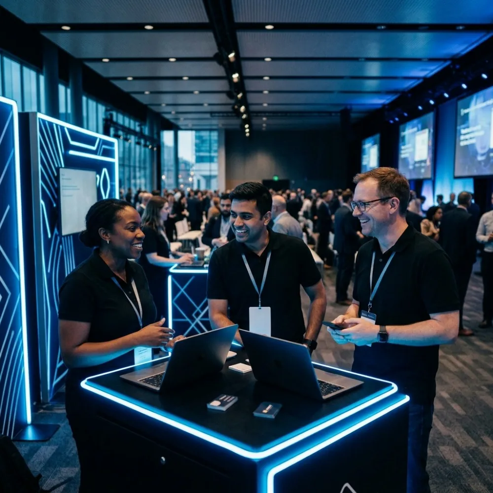 Three people talking at a lit demo station